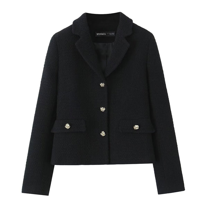Damen nan kastiger Bouclé-Blazer mit goldenen Rosenknöpfen und gefütterten Pattentaschen Echo Archiv