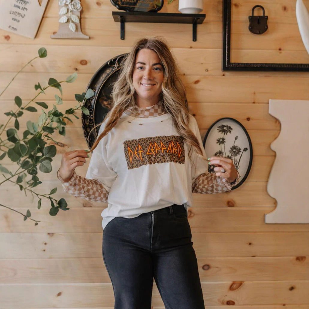 Damen nan lässiges Layer-T-Shirt mit Retro-Bandprint, Used-Optik und kariertem Mesh-Langarmtop Echo Archiv