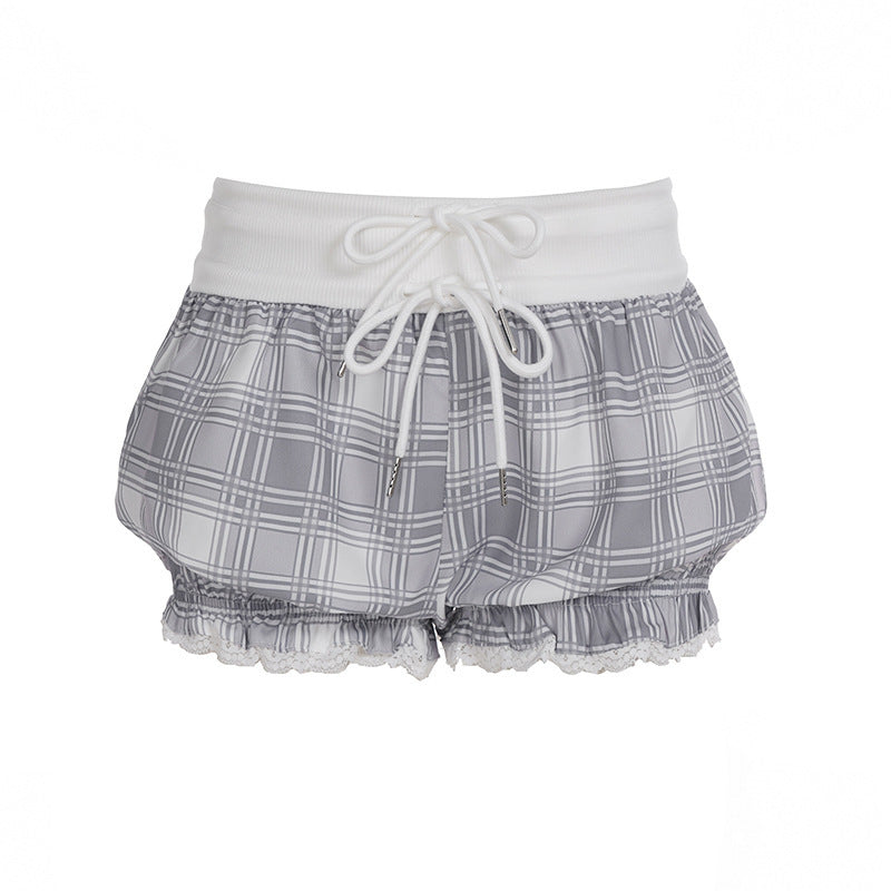 Damen modische Karostoff-Pyjama-Shorts mit Spitze und elastischem Bund Echo Archiv