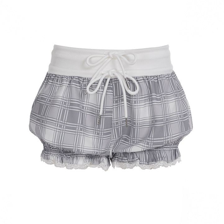 Damen modische Karostoff-Pyjama-Shorts mit Spitze und elastischem Bund Echo Archiv