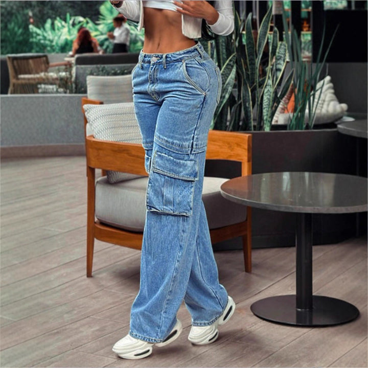 Damen lässige Cargo-Denim-Baggyhose mit extragroßen Klappentaschen und geradem Bein Echo Archiv