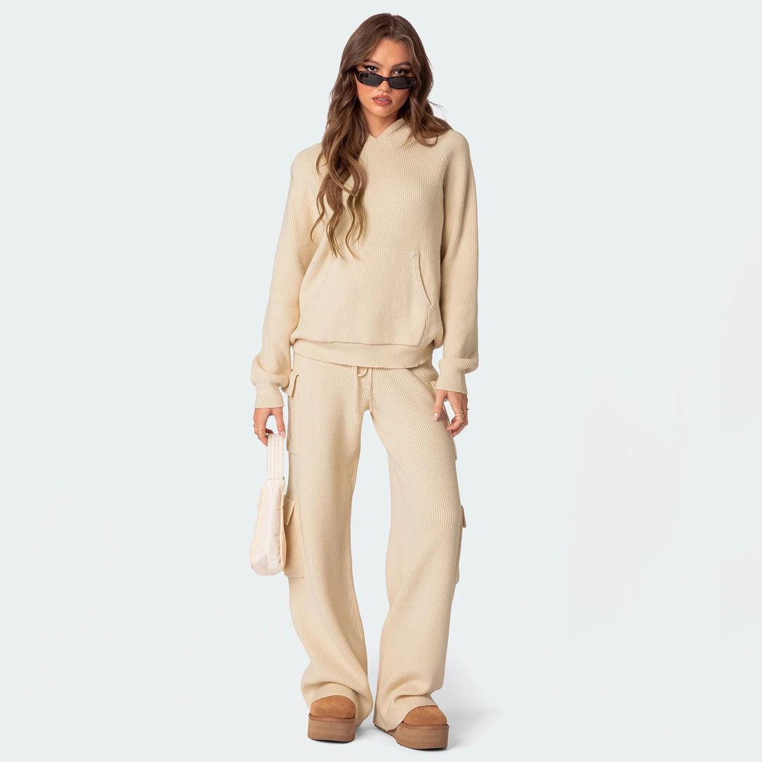 Damen nan gerippter Kapuzenpullover aus Feinstrick mit Kängurutasche und relaxed Fit Echo Archiv