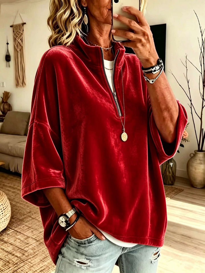 Damen Oversize Samt-Pullover mit kurzem Reißverschluss und Stehkragen Echoarchiv