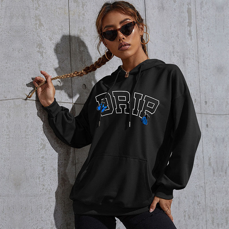 Damen Oversize-Kapuzenpullover mit Kängurutasche und Schmetterling-Stickerei Echoarchiv