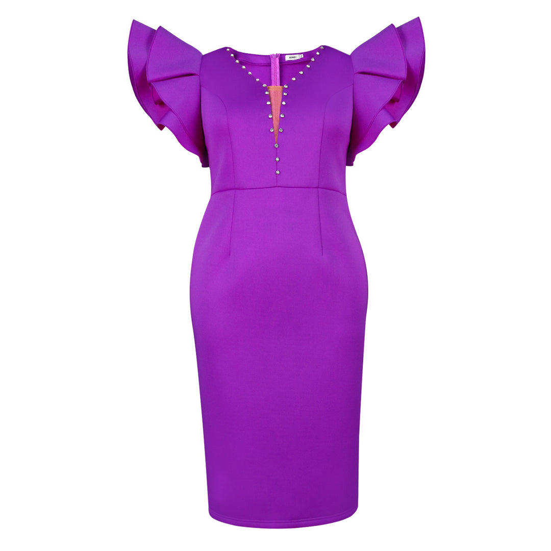 Damen elegantes Kleid mit voluminösen Rüschenärmeln und funkelnden Akzenten Echo Archiv