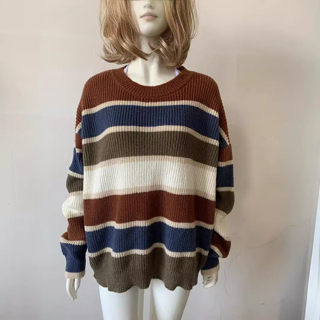 Damen Oversize-gestreifter Strickpullover mit Rundhalsausschnitt und lässigen Ballonärmeln Drune