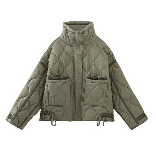Damen gesteppter Kurzblouson mit hohem Stehkragen, Tunnelzugsaum und großen aufgesetzten Taschen – Célinea
