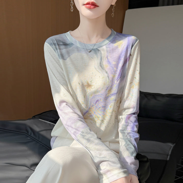 Damen Leichtes Langarmshirt aus Viskose-Mix mit Aquarellprint und Rundhalsausschnitt Echoarchiv