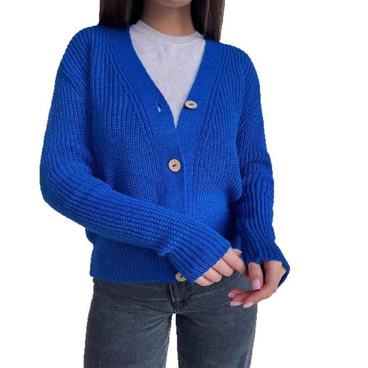 Damen Boxy-Grobstrick-Cardigan mit tiefer V-Leiste, Holzknopfverschluss und geripptem Saum – Veloura