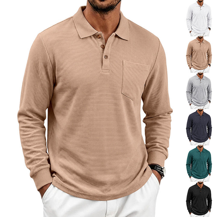 Herren Waffelstruktur-Poloshirt mit Brusttasche und Holzknöpfen Echoarchiv