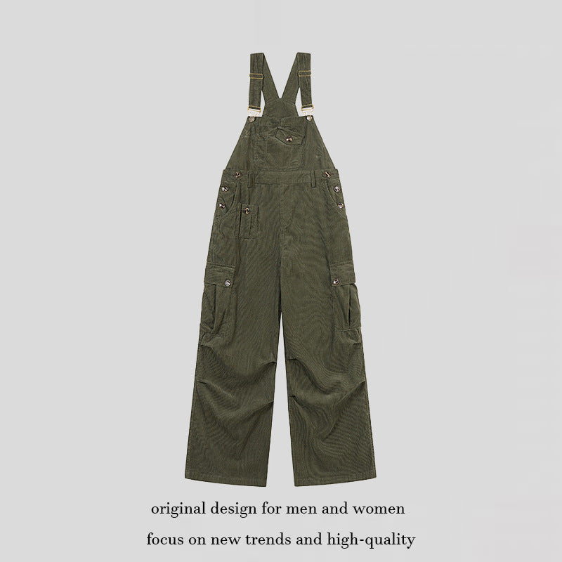 Damen Lässige Cord-Latzhose mit weitem Bein, Cargo-Taschen und verstellbaren Trägern Echoarchiv