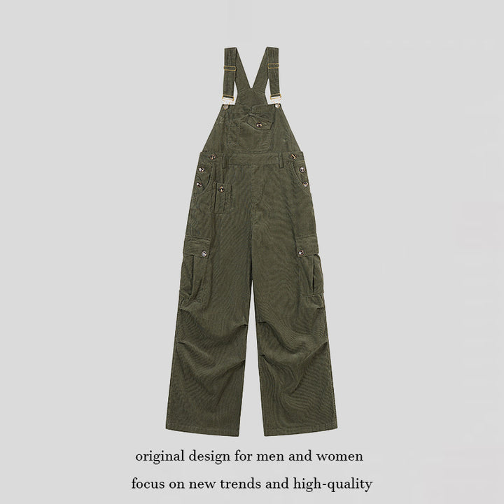 Damen Lässige Cord-Latzhose mit weitem Bein, Cargo-Taschen und verstellbaren Trägern Echoarchiv