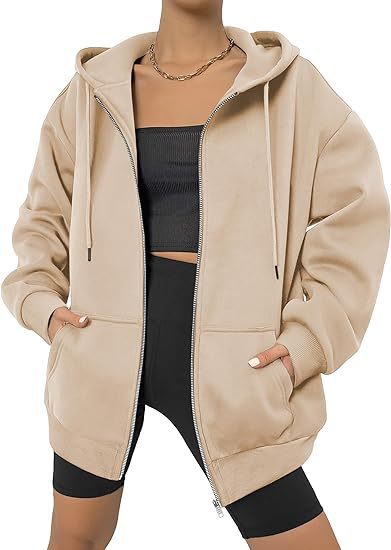 Damen nan oversized Zip-Kapuzenjacke mit kontrastierendem Reißverschluss, doppellagiger Kapuze und Kängurutasche Echo Archiv