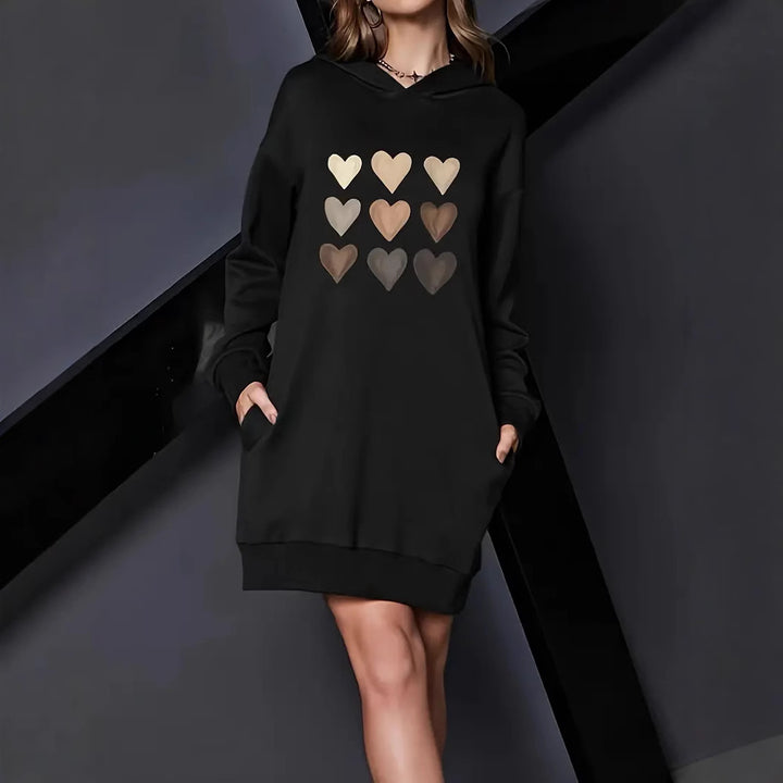 Damen Kapuzenkleid mit metallic Herz‑Print und oversized Sweatshirt‑Schnitt Echo Archiv