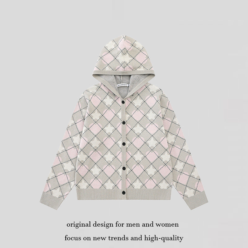Damen Strick-Kapuzenjacke mit Rautenjacquard und Knopfleiste Echoarchiv