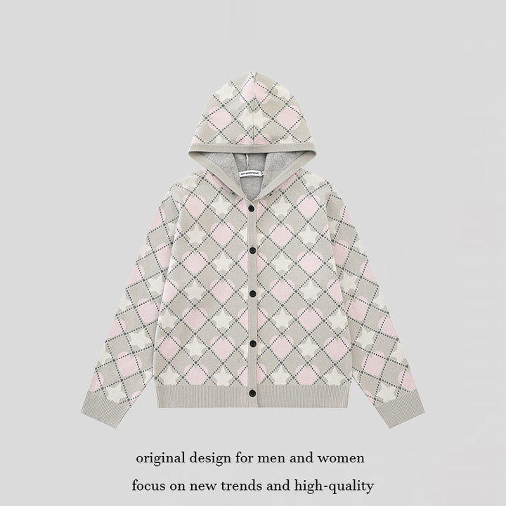 Damen Strick-Kapuzenjacke mit Rautenjacquard und Knopfleiste Echoarchiv