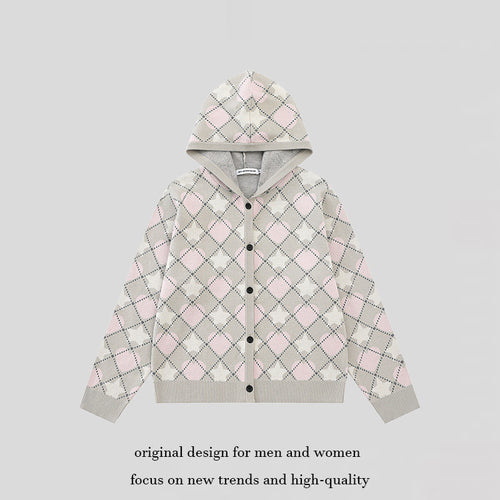 Damen Strick-Kapuzenjacke mit Rautenjacquard und Knopfleiste Echoarchiv