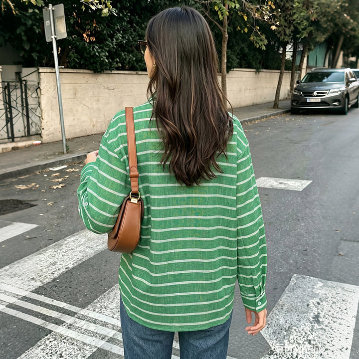 Damen Legere gestreifte Oversize-Hemdbluse aus Leinenoptik mit Brusttasche – Maréline