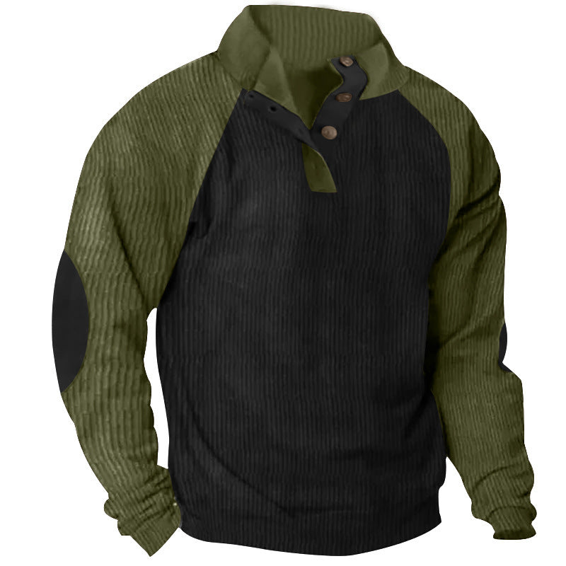 Herren Strukturiertes Raglan-Henley-Pullover mit Stehkragen, Ellenbogenpatches & Knopfleiste – Norvane