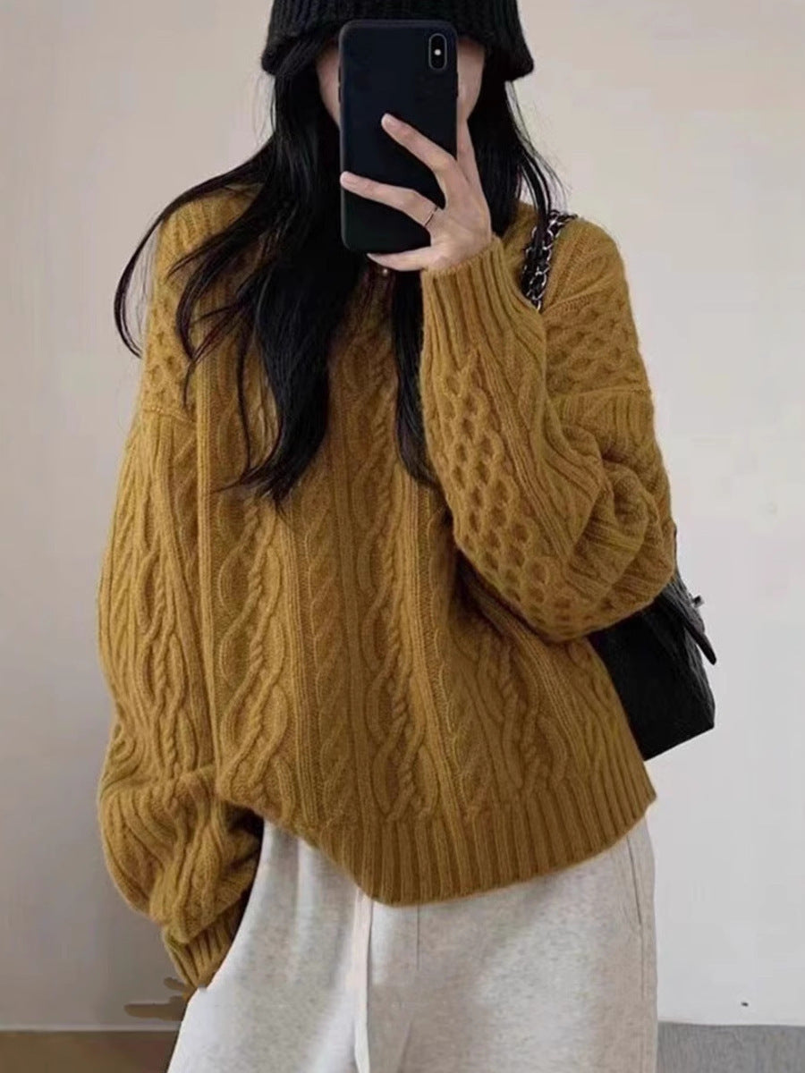 Damen Oversize Zopfmuster‑Pullover mit Rundhalsausschnitt und lässiger Schulterpartie Echoarchiv