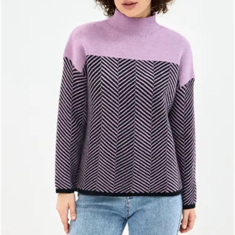 Damen Strickpullover mit Stehkragen und Fischgrätmuster – Mavelle