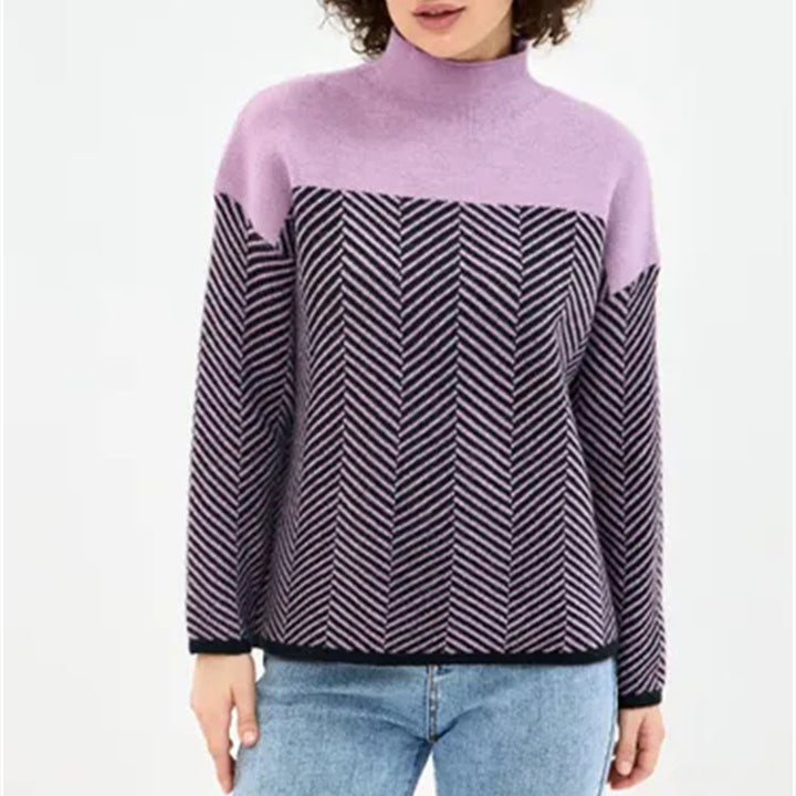 Damen Strickpullover mit Stehkragen und Fischgrätmuster – Mavelle