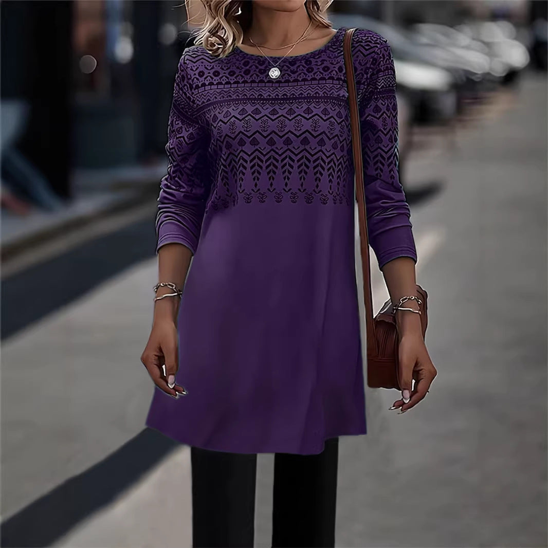 Frauen Longline Tunika Kleid mit Ethno Druck und Rundhalsausschnitt Echoarchiv