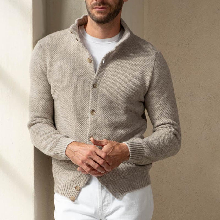 Herren Strukturstrick-Cardigan mit Stehkragen und durchgehender Knopfleiste Echoarchiv