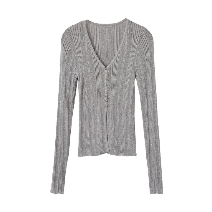 Damen Figurbetonter gerippter Feinstrick-Cardigan mit V‑Ausschnitt, Glanzfaden und Zierknopfleiste Echoarchiv