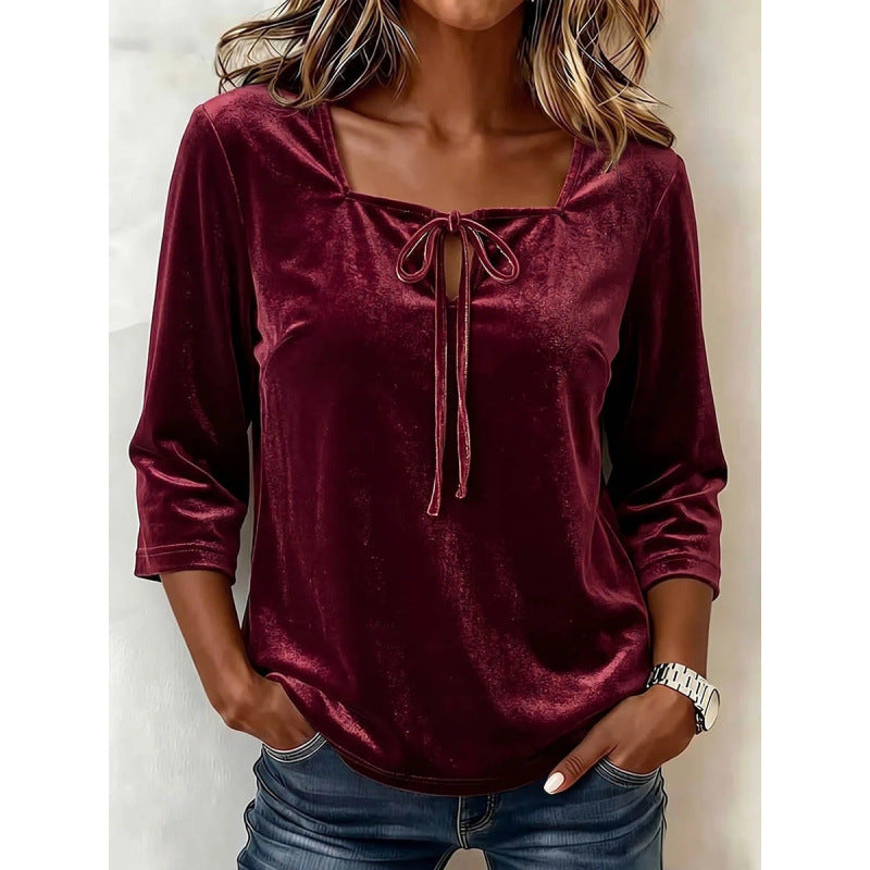 Damen Samtbluse mit eckigem Ausschnitt, Kordelzug und dreiviertel Ärmeln Echoarchiv