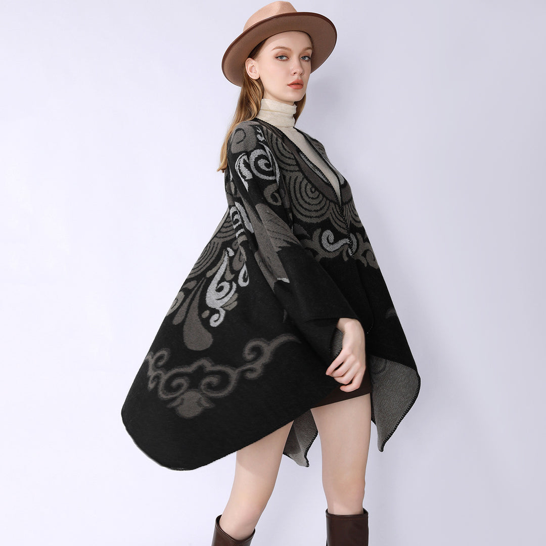 Damen Wollmix-Cape mit ornamentalem Jacquard, asymmetrischem Zipfel und weichfallendem Oversize-Fall Echo Archiv