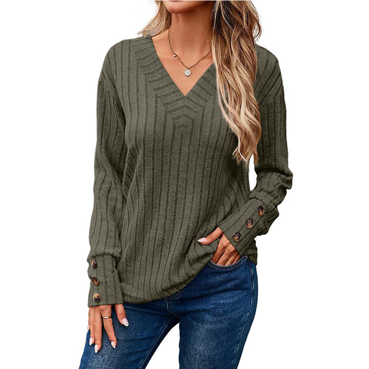 Damen Gerippter V-Ausschnitt Strickpullover mit Knopfmanschetten Echo Archiv