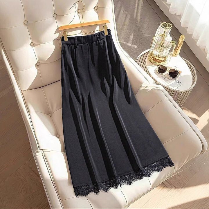 Damen Midirock mit Plisseefalten, hoher Taille, Taillengürtel und Spitzenbesatz – Avérine