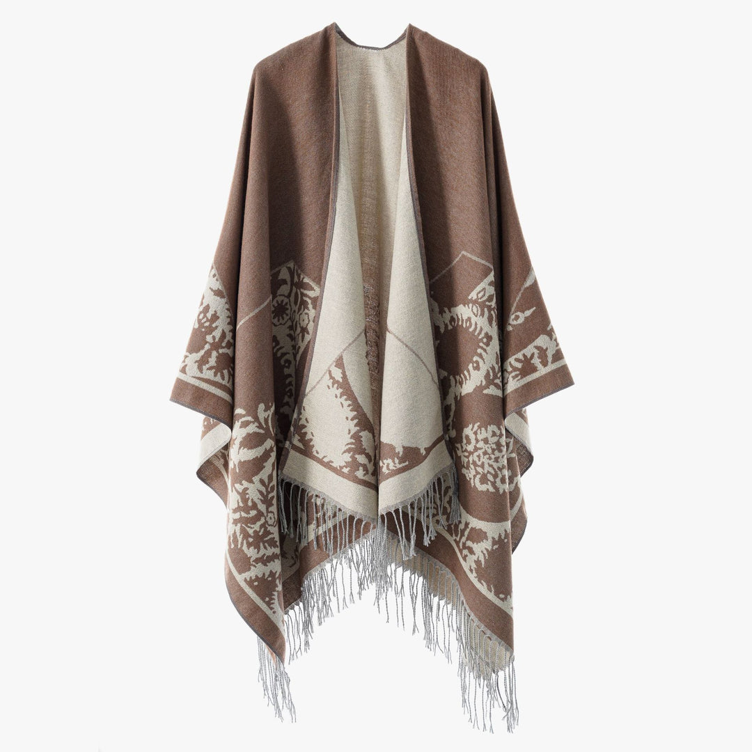 Damen Wendbarer Feinstrick-Poncho mit Jacquardmuster und Fransensaum Echo Archiv