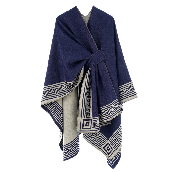 Damen Cape-Umhang aus Wollmix, reversibel mit Bindegürtel und Mäanderbordüre Echo Archiv