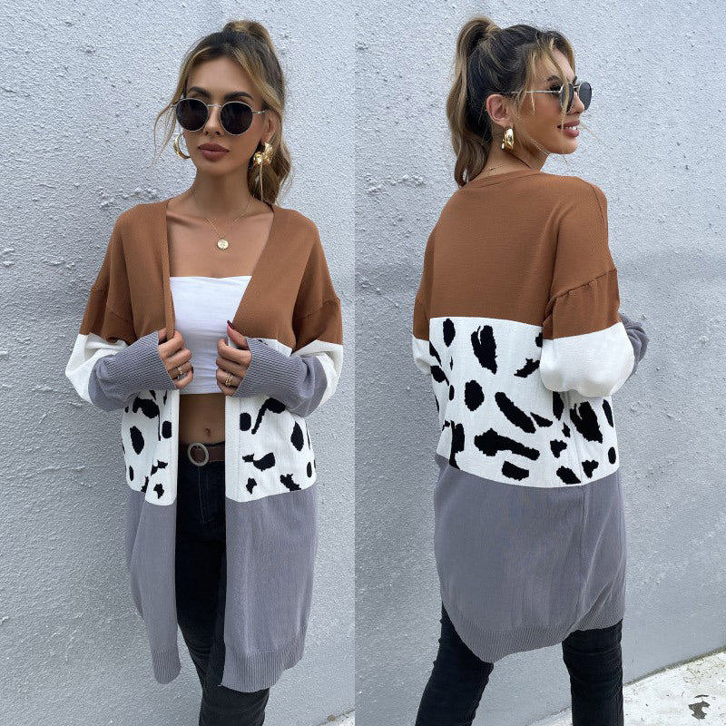 Damen Offene Longcardigan im Blockdesign mit Animal‑Intarsien und gerippten Abschlüssen Echoarchiv
