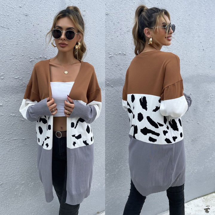 Damen Offene Longcardigan im Blockdesign mit Animal‑Intarsien und gerippten Abschlüssen Echoarchiv