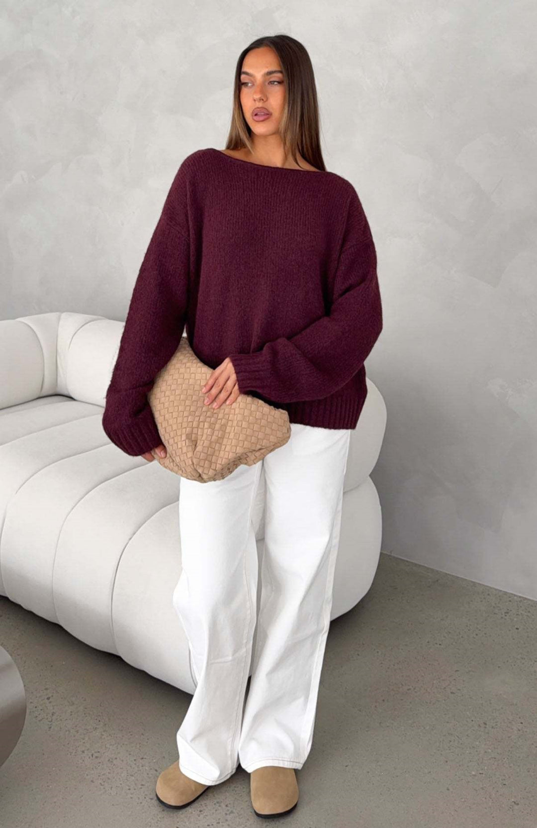 Damen Oversize Bouclé-Pullover mit weitem Boot-Ausschnitt und gerippten Bündchen Echoarchiv