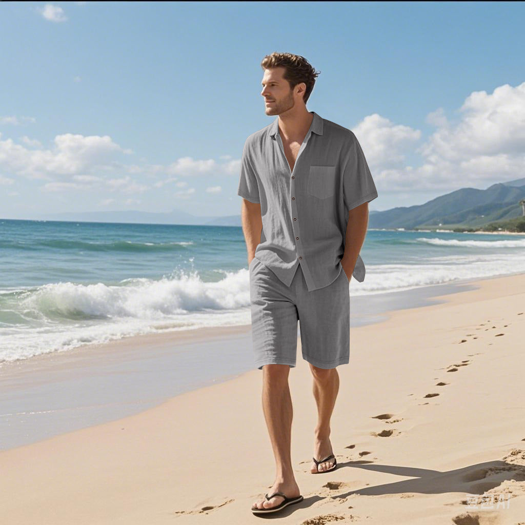 Herren lässiges Strand-Outfit mit luftiger Kurzarmbluse und dazu passender Shorts Echoarchiv