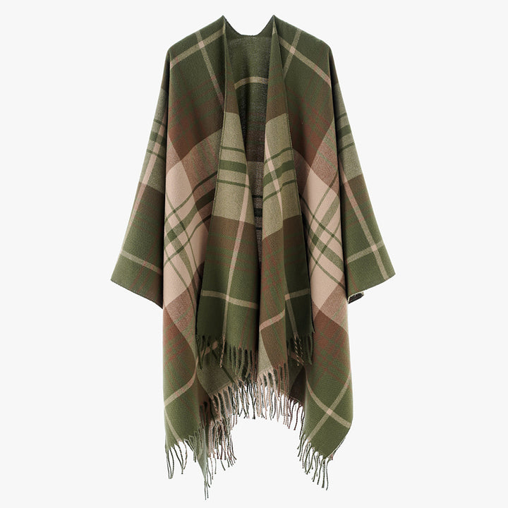 Damen Cape‑Poncho im Oversize‑Deckenstil mit tartanartigem Karomuster und Fransensaum – Avérine
