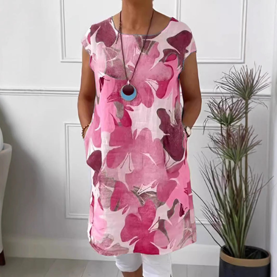 Damen nan luftiges Tunika-Midikleid aus Leinenmix mit Aquarellblütenprint und Seitentaschen Echo Archiv