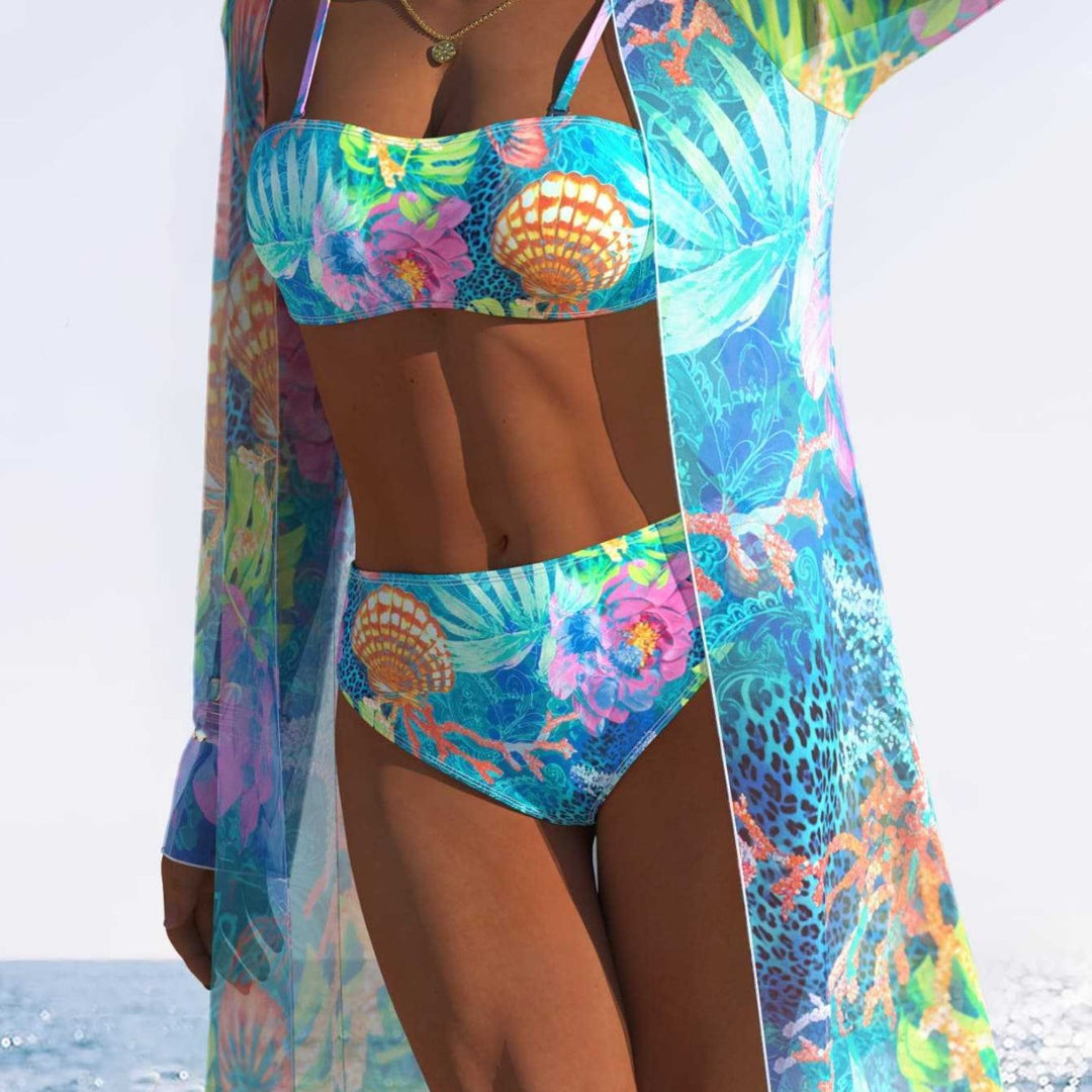 Damen Bikini-Set mit floralem Druck und transparenter Cover-Up Jacke Echo Archiv