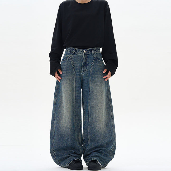 Damen Ultraweite hochgeschnittene Jeans-Palazzohose aus Vintage-Jeansstoff mit tiefem Schritt und skulpturaler Nahtführung Echo Archiv