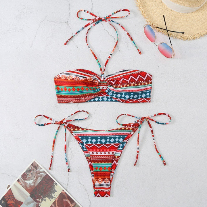 Damen Bandeau-Bikini mit verstellbaren Bindebändern und farbenfrohem Muster Echo Archiv