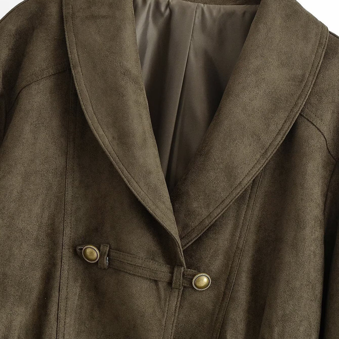 Damen Cropped Wildlederoptik-Jacke mit Schalkragen, Taillenraffung und dekorativen Knebelknöpfen Echoarchiv