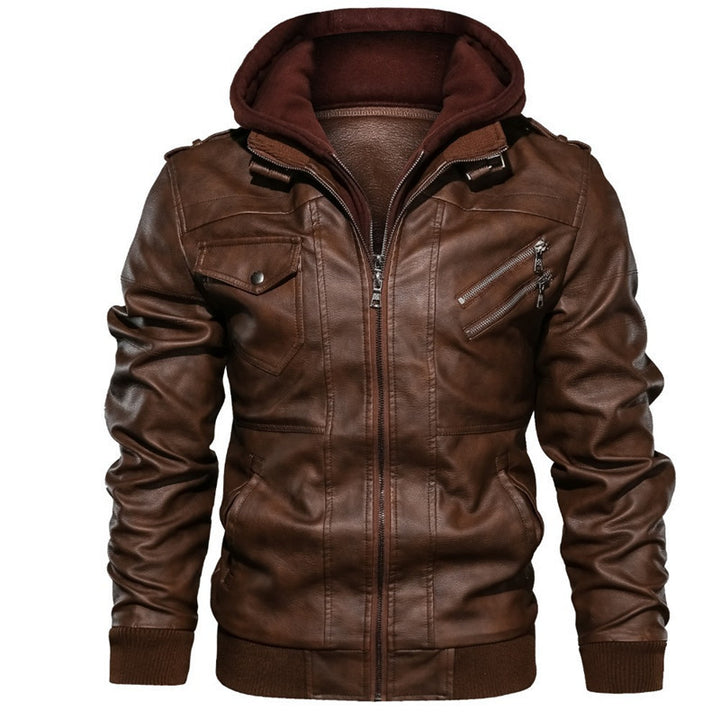 Herren Bomberjacke aus Lederimitat mit integriertem Kapuzen-Innerlayer und Utility-Taschen – Brevano