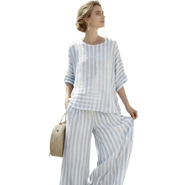 Damen Zweiteiliges gestreiftes Leinen‑Optik Lounge‑Set mit Oversize‑Bluse und High‑Waist Palazzo – Élanora