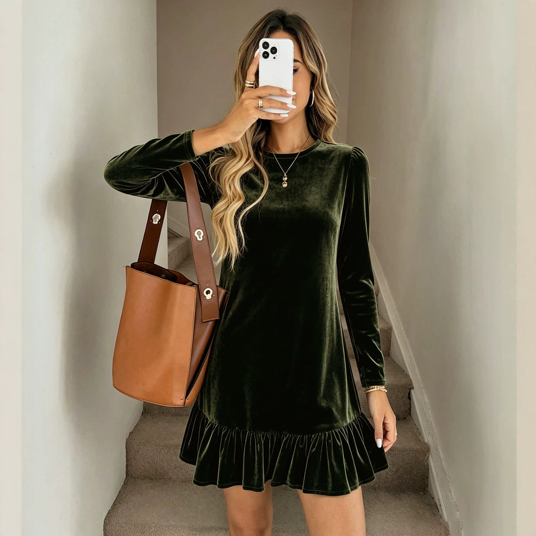 Damen Samt-Minikleid mit langen Ärmeln gerafftem Volantsaum und Puffschultern – Élara