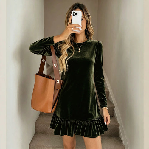 Damen Samt-Minikleid mit langen Ärmeln gerafftem Volantsaum und Puffschultern – Élara