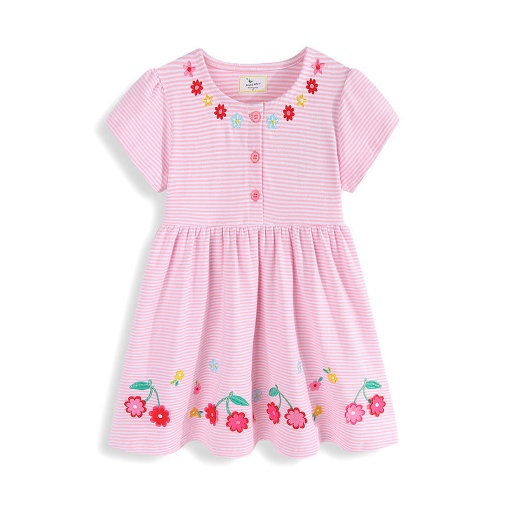Damen niedliches, gestreiftes Sommerkleid mit Blumenstickerei Echo Archiv